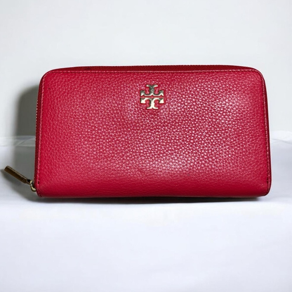 Tory Burch Red Zip-Around Pebbled Leather Wallet GUC